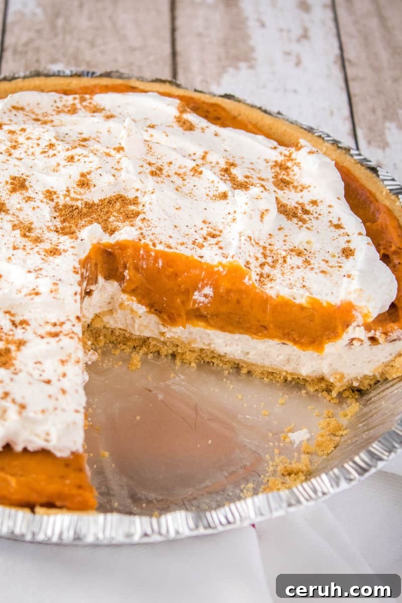 cream cheese pumpkin pie with slices taken out to show center