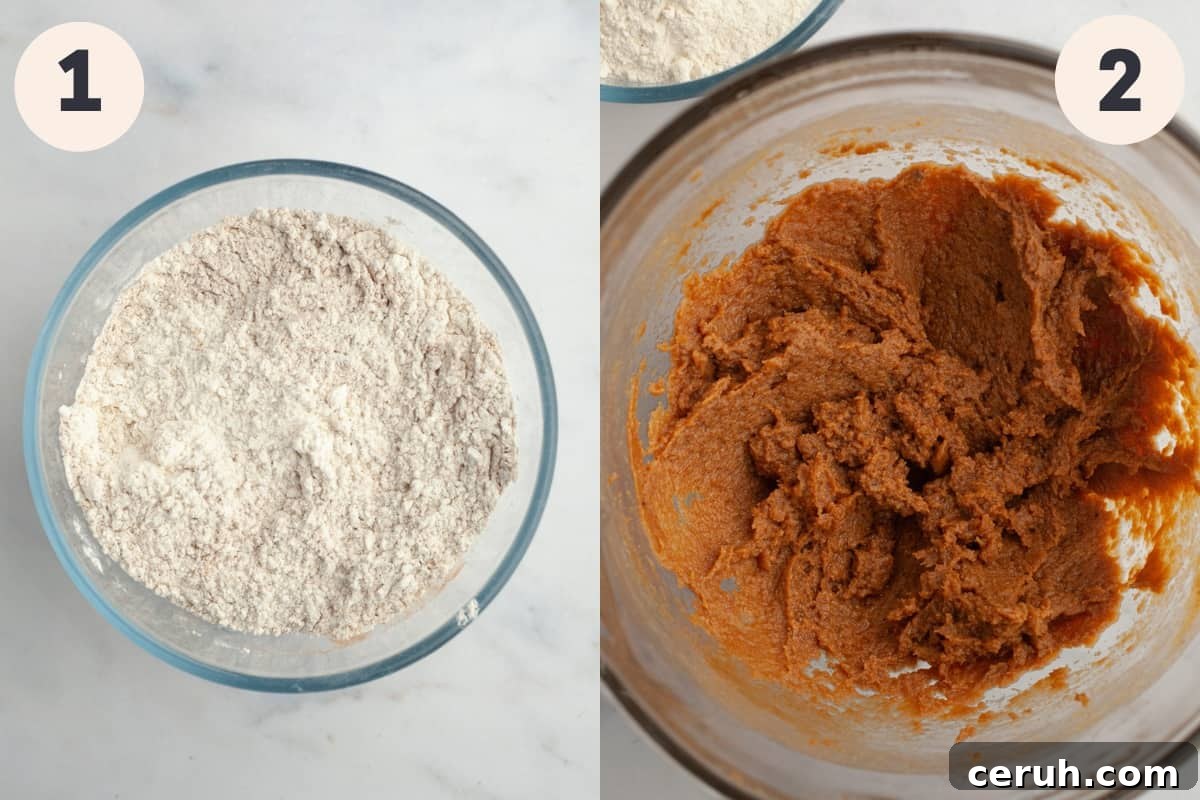 A bowl with flour in it, and another bowl with gingerbread cookie dough in it.