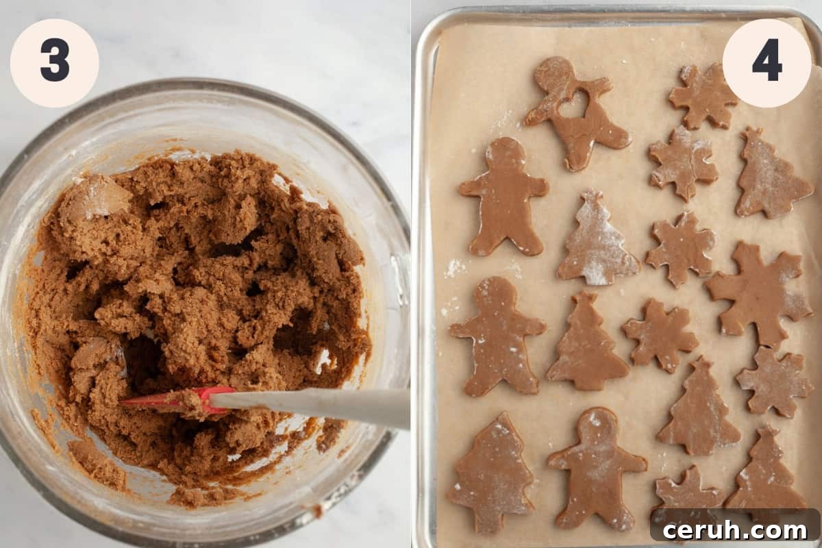 Gingerbread cookie dough in a bowl and cut out gingerbread cookies on a baking sheet.
