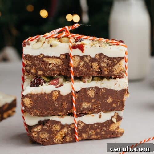 a stack of 3 chocolate tiffin bars, tied up with red and white string.