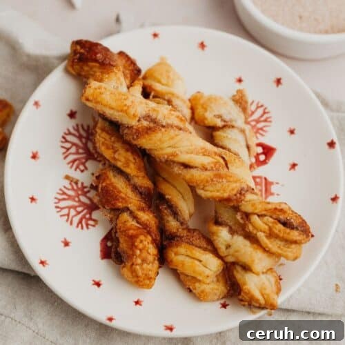 A small red and white plate with cinnamon sugar twists on it.