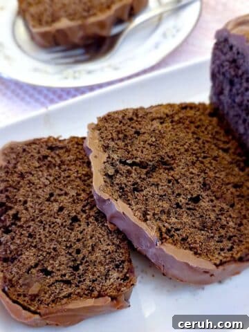 Slices of chocolate loaf cake with a covering of chocolate.