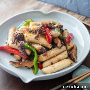 Non-spicy royal court tteokbokki with beef and vegetables.