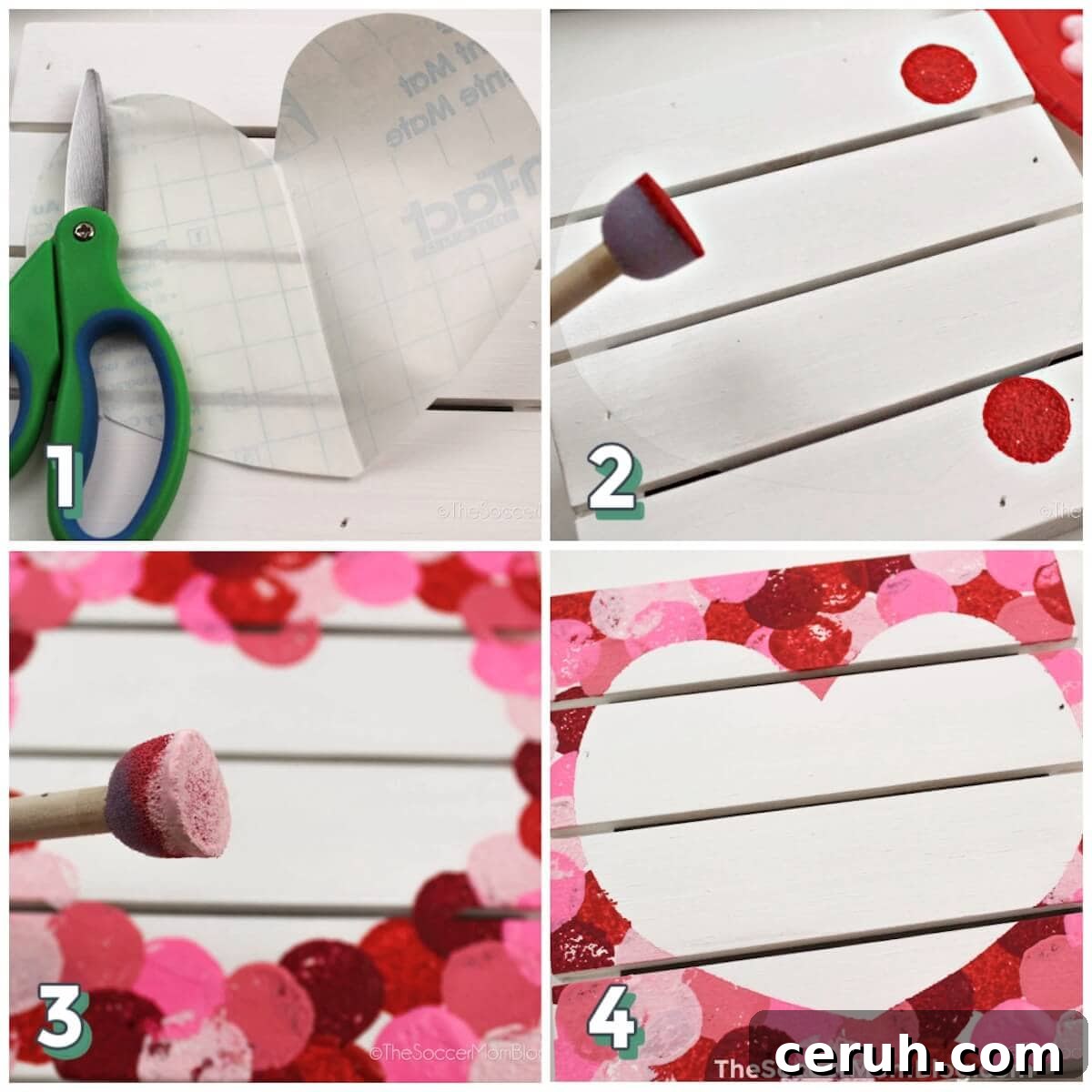 4 step photo collage showing how to make Valentine themed coasters with mini wood pallets.
