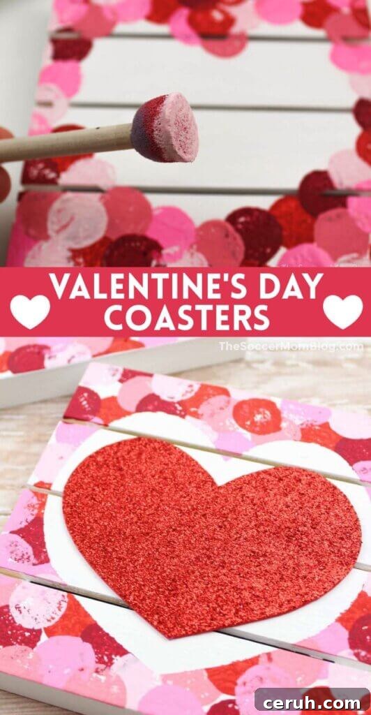 2 photo vertical Pinterest image showing homemade Valentine coasters painted on wood pallets.