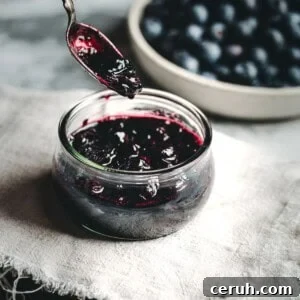 A jar of dark purple Blueberry Compote sits on a cloth with a spoonful of compote above it; a bowl of fresh blueberries is blurred in the background.