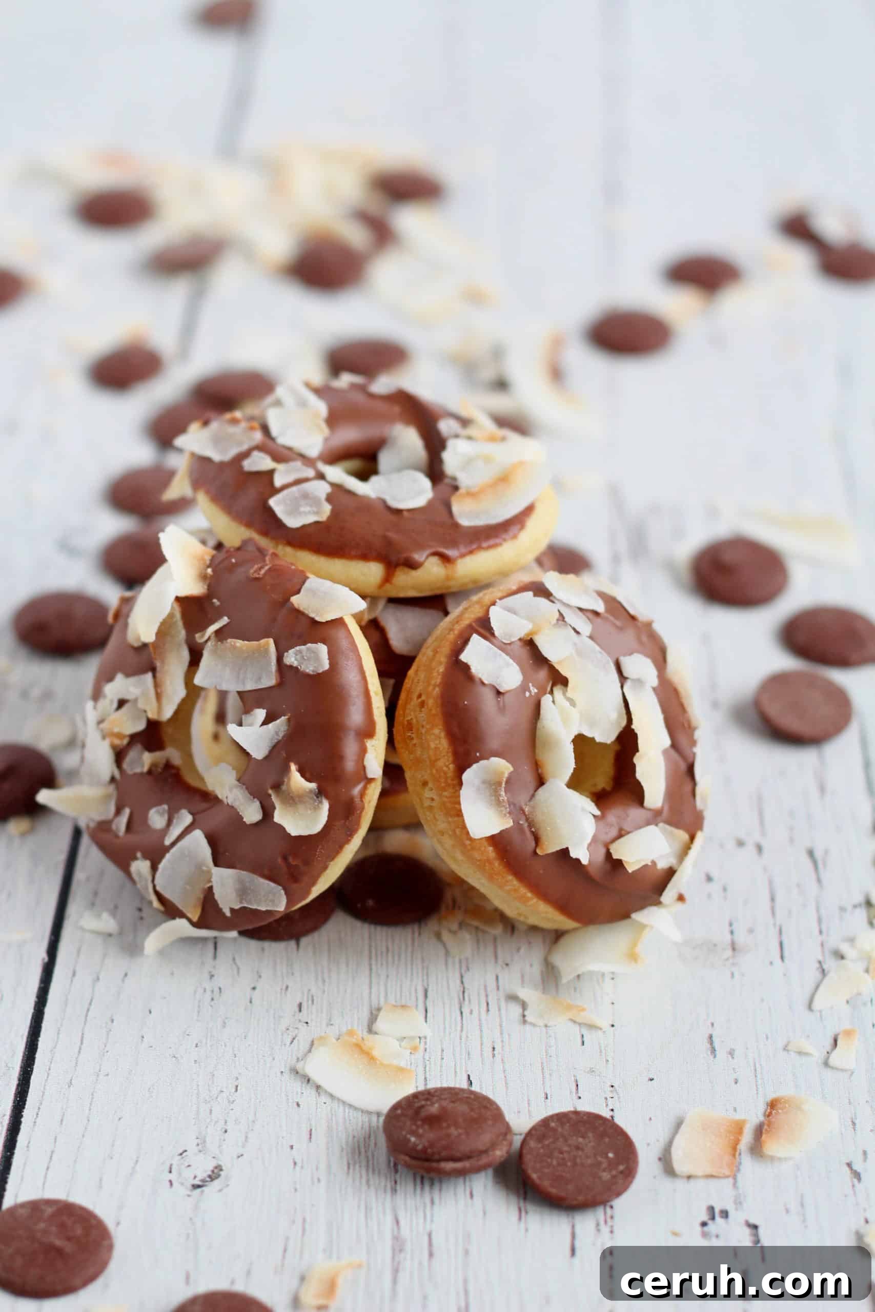donuts baked in oven with chocolate glaze and toasted coconut flakes