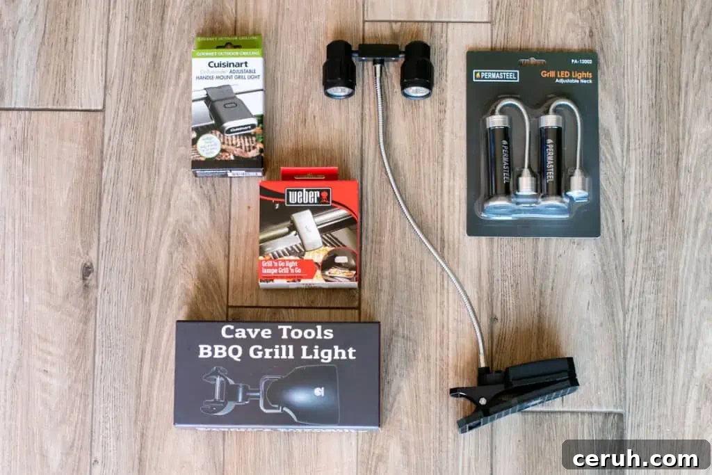 Newly purchased grill lights on their boxes and containers, spread out on a table