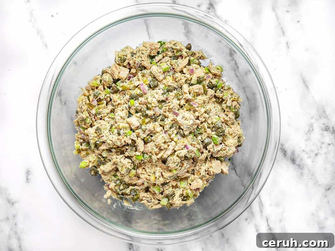 Large bowl filled with homemade tuna salad.