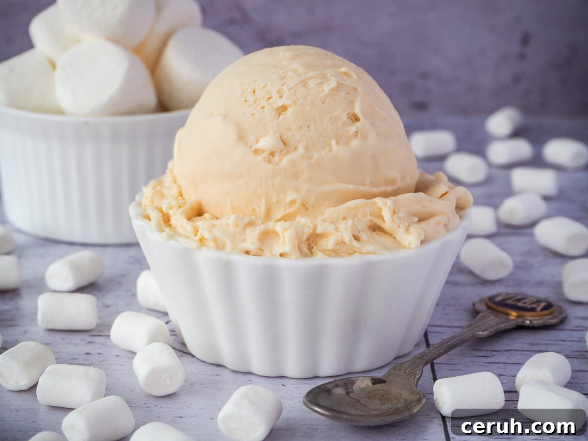 Scoop of marshmallow ice cream in a decorative white bowl, with vintage spoon on the side, with a bowl of marshmallows in the background, surrounded by mini marshmallows.