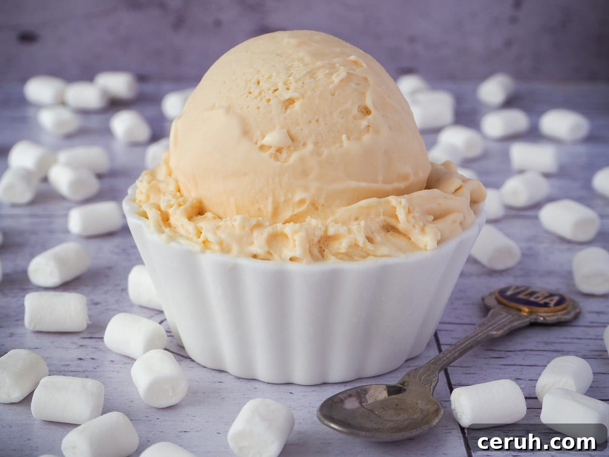 Scoop of marshmallow ice cream in a decorative white bowl, with vintage spoon on the side, surrounded by mini marshmallows.