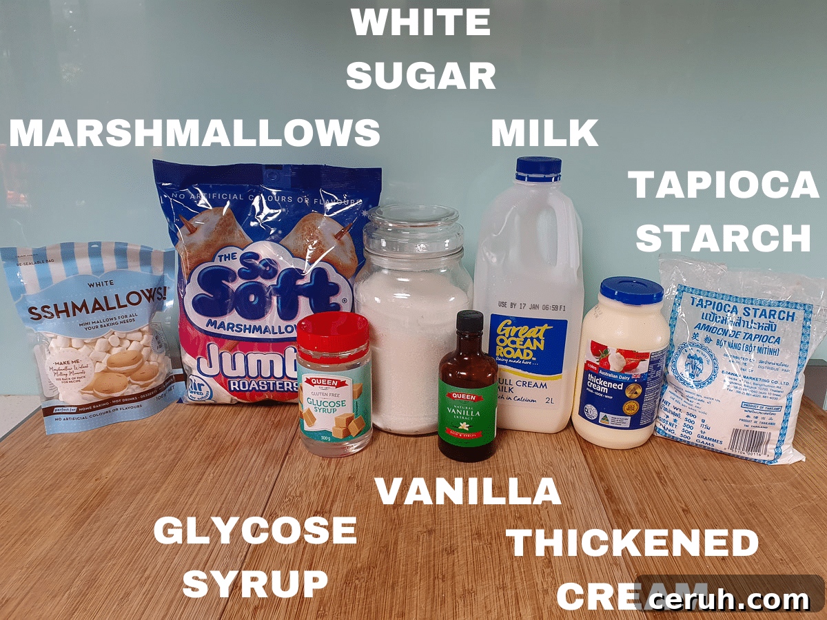 Marshmallow ice cream ingredients, marshmallows, white sugar, glycose syrup, milk, vanilla essence, cream, tapioca starch.