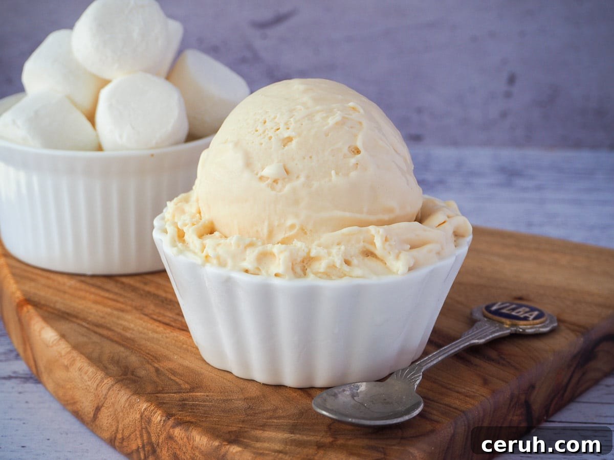 Scoop of marshmallow ice cream in a decorative white bowl, with vintage spoon on the side and bowl of marshmallows in the background.