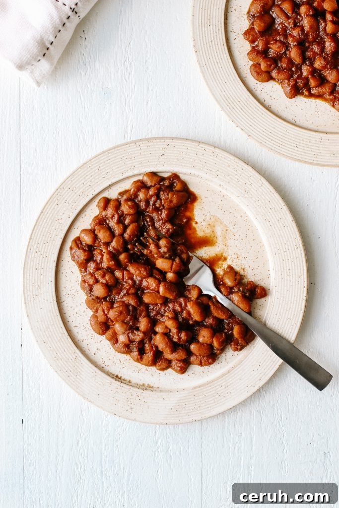Vegan bbq baked beans on plate with fork and pot of beans