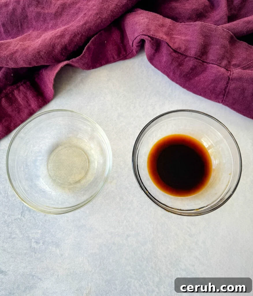 Hibachi Steak with Garlic Fried Rice Recipe 3 soy sauce and rice wine vinegar in separate glass bowls