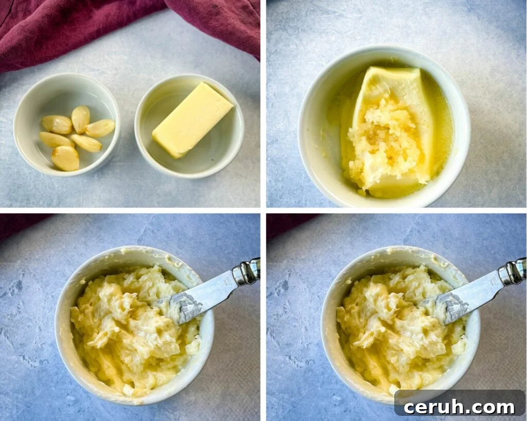 Hibachi Steak with Garlic Fried Rice Recipe 4 collage of 4 photos with garlic butter in a white bowl