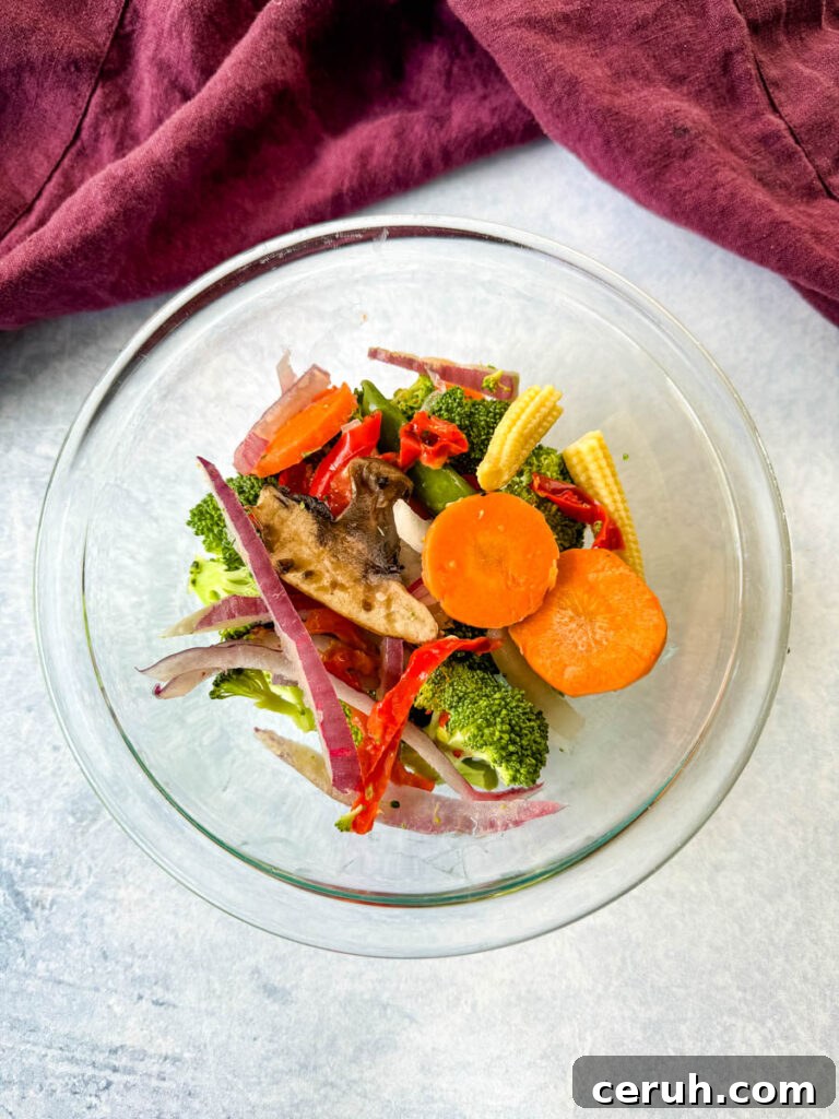 Hibachi Steak with Garlic Fried Rice Recipe 7 fresh vegetables in a glass bowl
