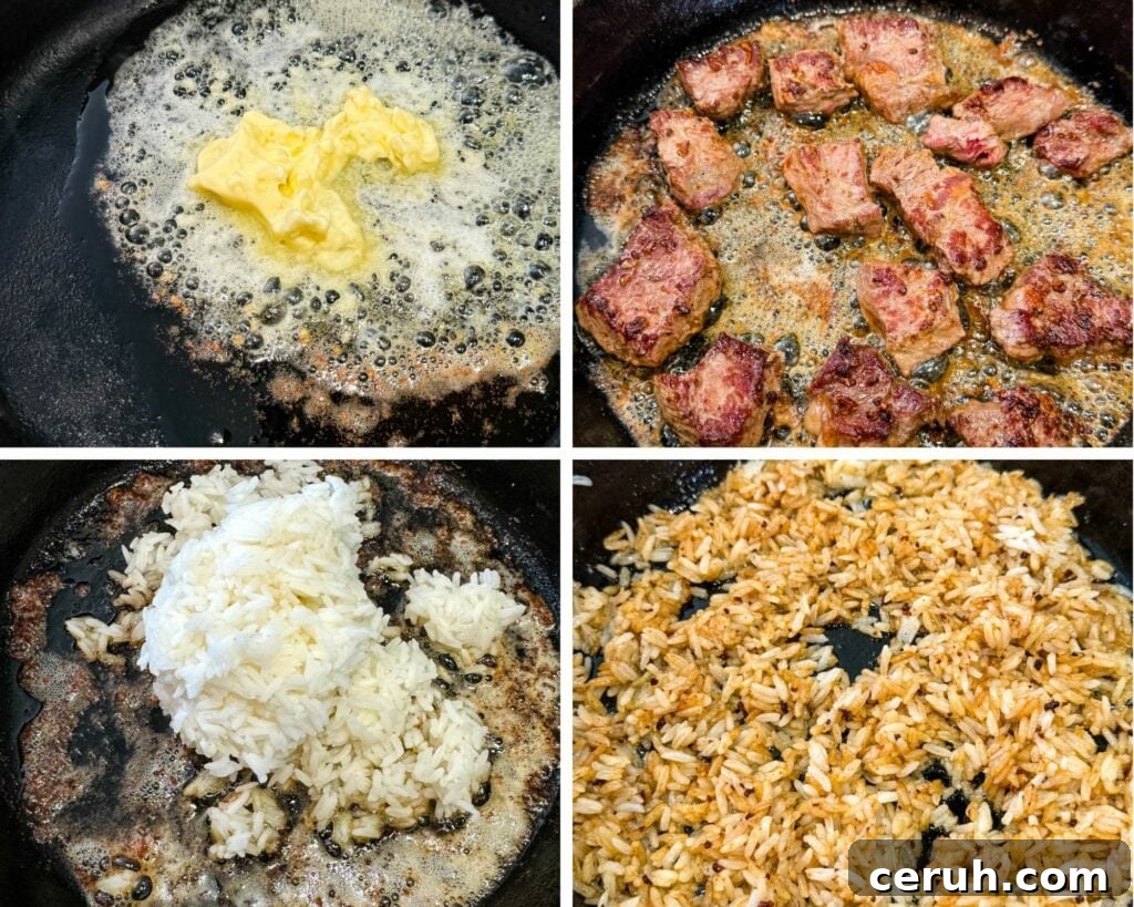 Hibachi Steak with Garlic Fried Rice Recipe 8 a collage of 4 photos with melted butter, seared steak, and rice in a cast iron skillet