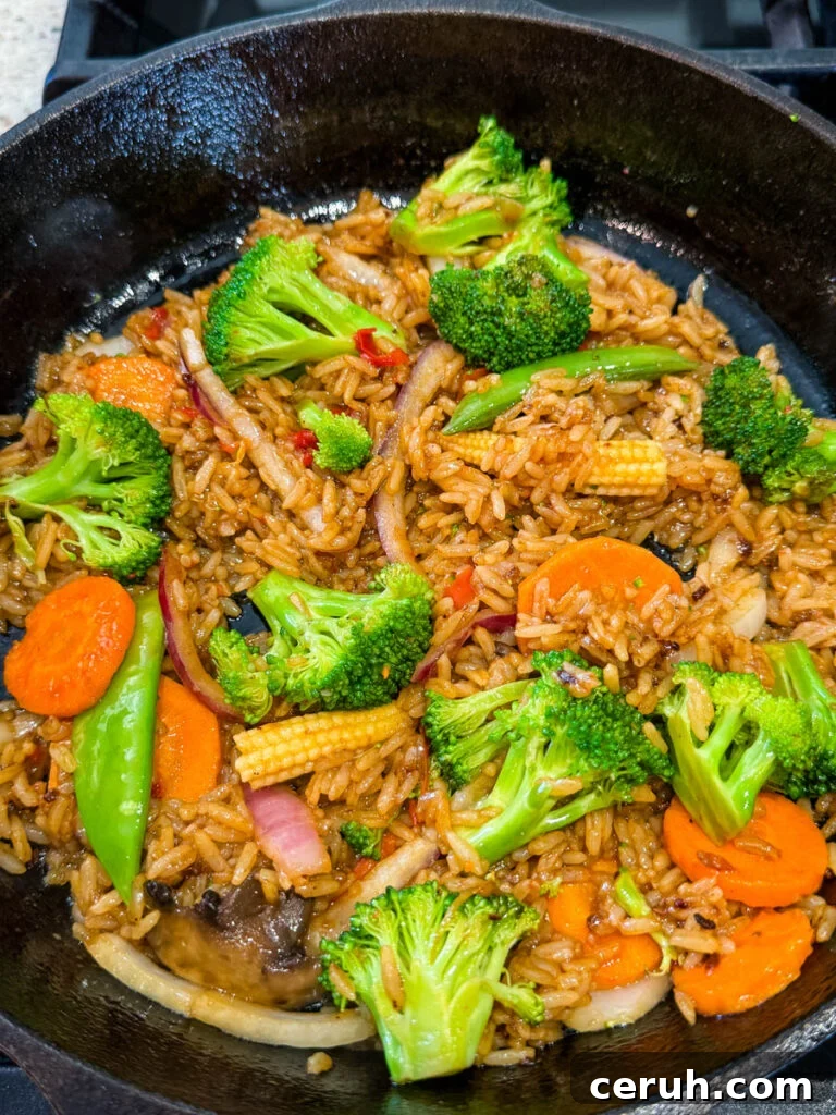Hibachi Steak with Garlic Fried Rice Recipe 9 vegetables and fried rice in a cast iron skillet