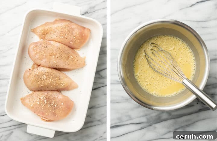 adding chicken to a baking dish and whisking honey mustard sauce in a bowl