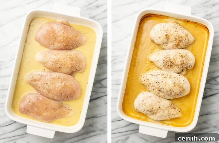 honey mustard chicken in a baking dish before and after baking