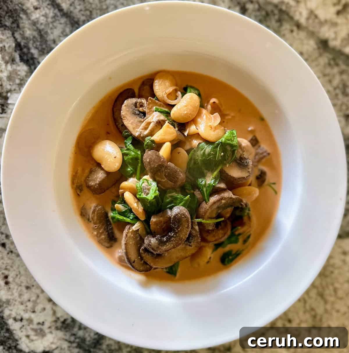 Creamy Butter Bean Curry with Coconut and Spinach 2 Butter bean curry recipe in a bowl on the counter.