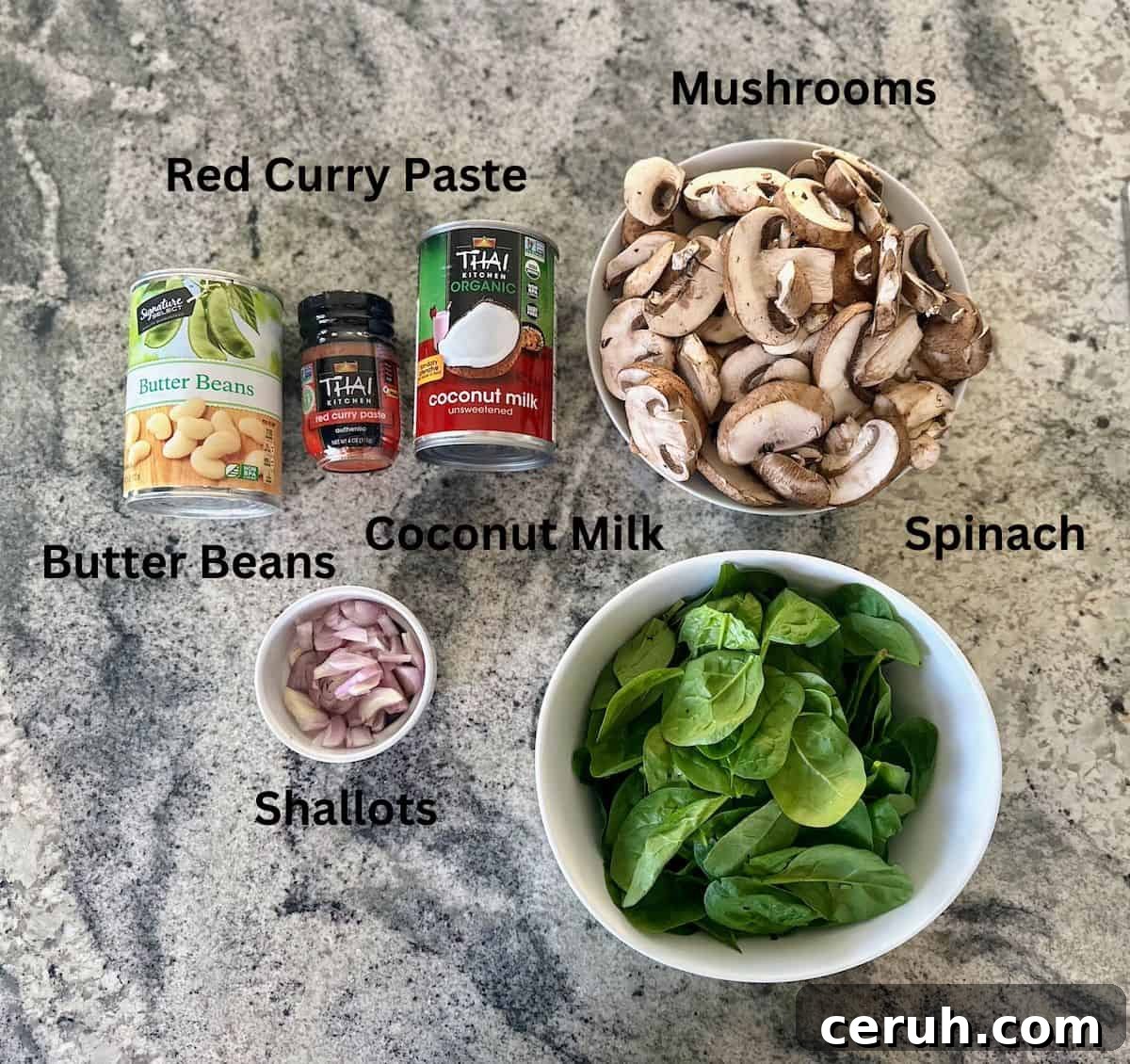 Creamy Butter Bean Curry with Coconut and Spinach 3 The recipe ingredients: Butter beans, red curry paste, coconut milk, portobello mushrooms, shallots and spinach.