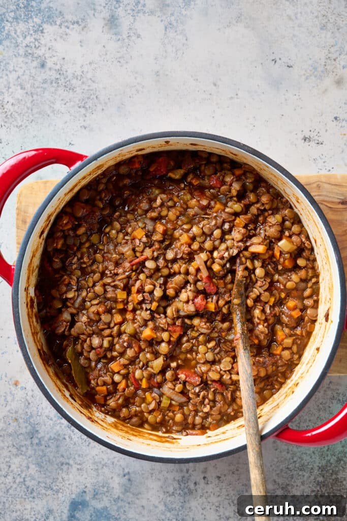 Simmered lentil bolognese in a Dutch oven.
