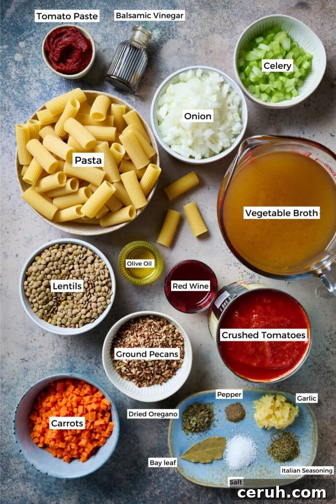 ingredients needed to make lentil bolognese pasta.
