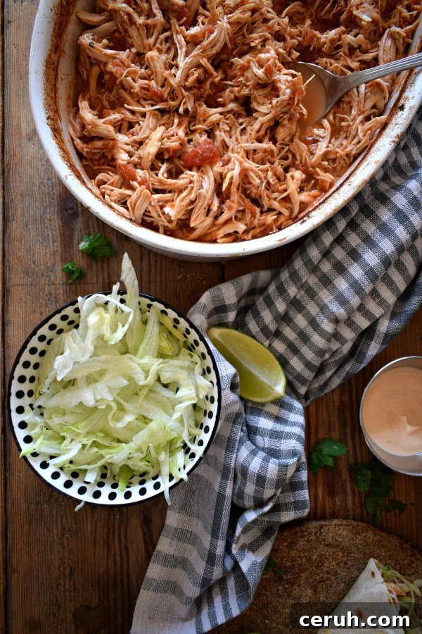 Slow-Cooker Shredded Chicken Tacos Recipe 6 over head view of the Slow Cooked Shredded Chicken Tacos