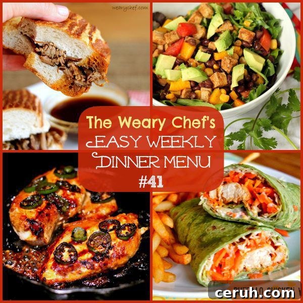 This easy weekly dinner menu includes Spicy Molasses Chicken, Southwestern Salad with Pork, Slow Cooker French Dip Sandwiches, and lots more!