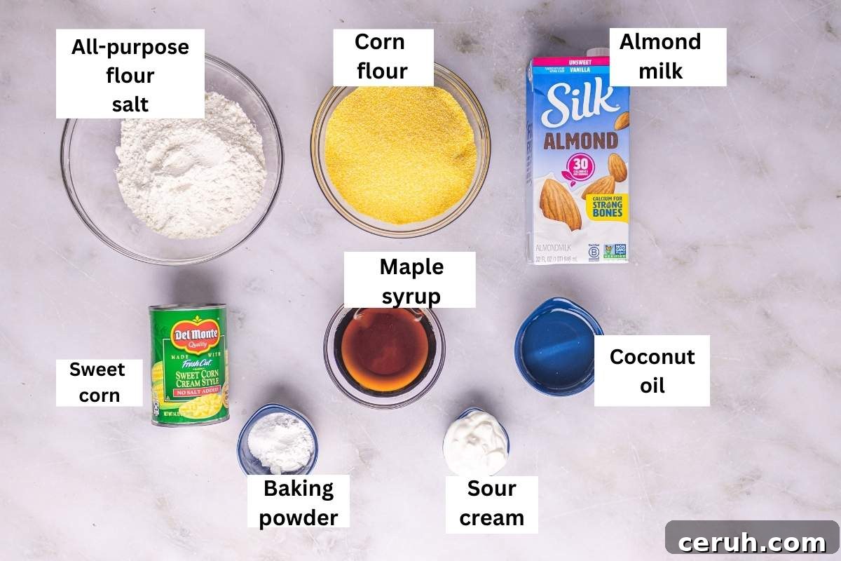 Ingredients needed to make eggless cornbread.
