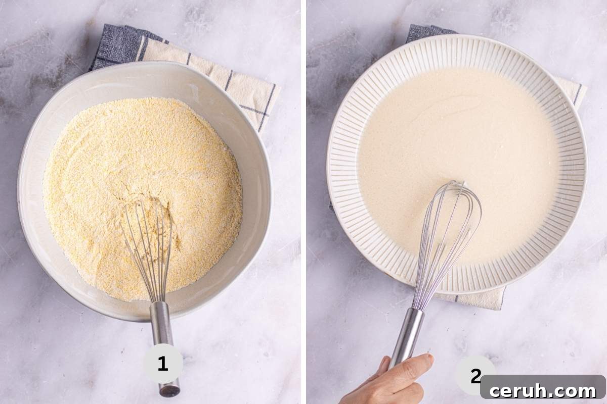 Whisking the dry ingredients and the wet ingredient in separate bowls.