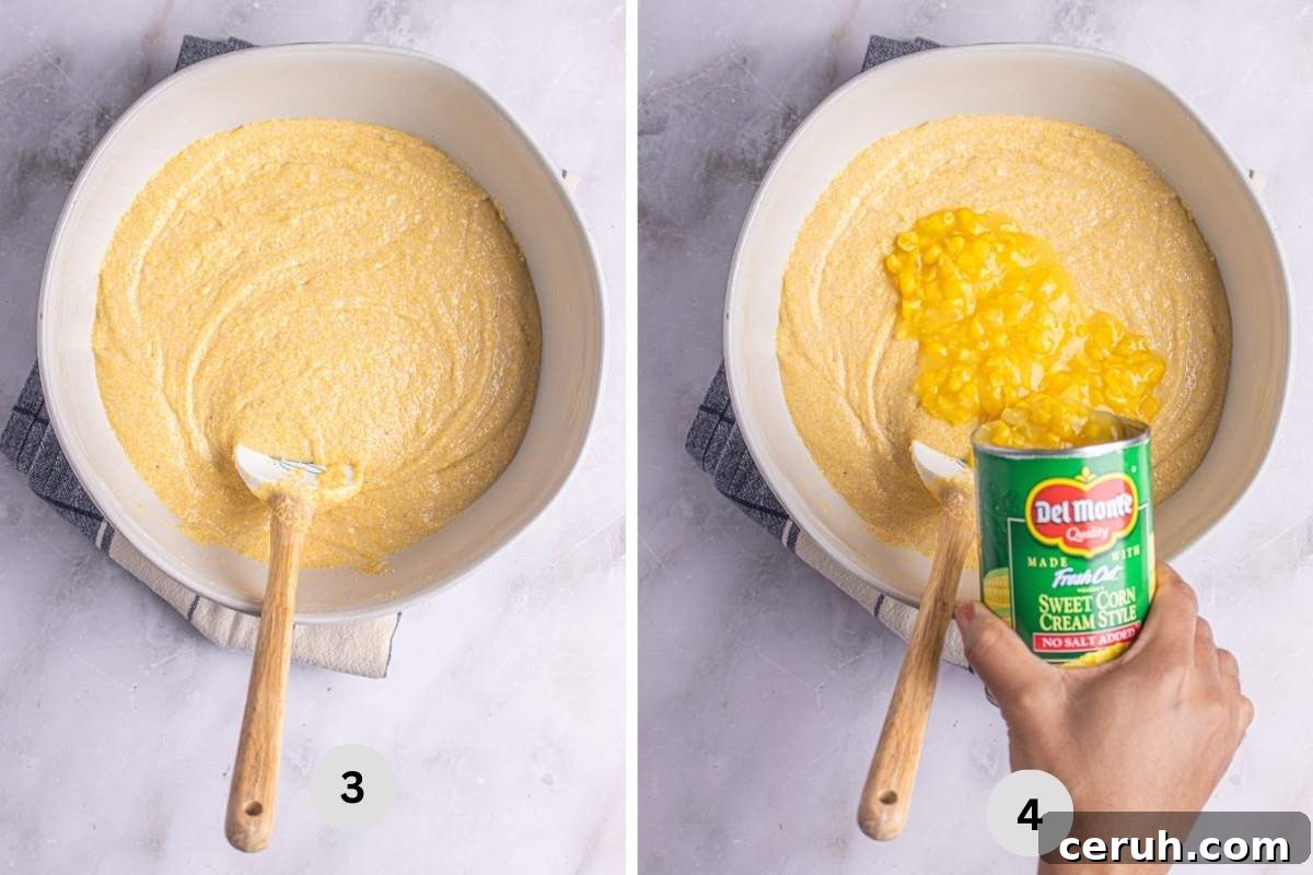 Combining canned cream corn into the batter.