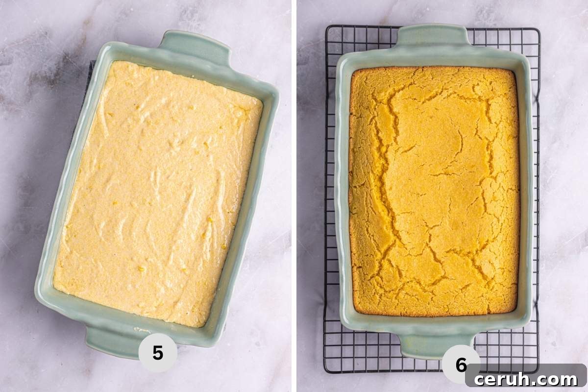 Cornbread batter poured into the baking dish and a finished look of the baked recipe.