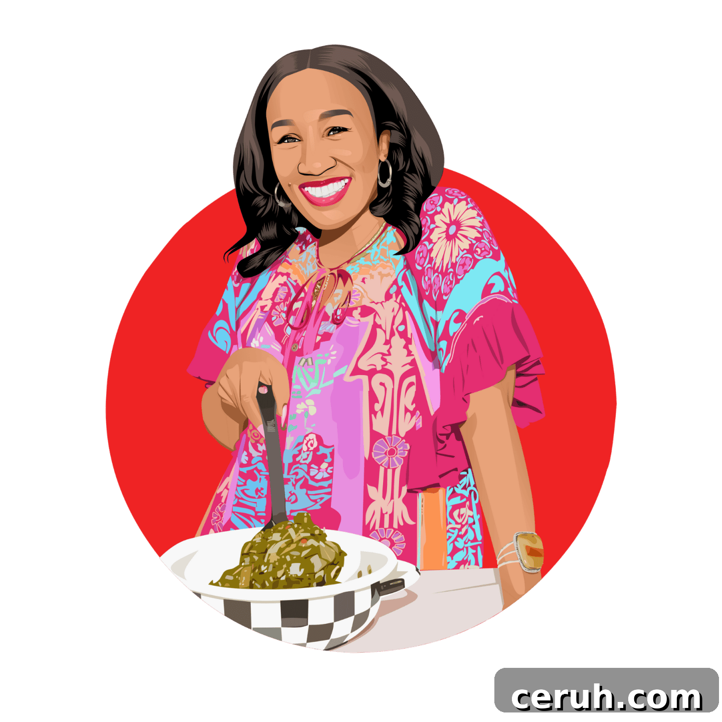 Illustrated portrait of Shaunda Necole, soul food expert and founder of The Soul Food Pot®, serving Southern-style collard greens—symbolizing why Black folks cook soul food this way, rooted in African American culinary history, tradition, and cultural storytelling.
