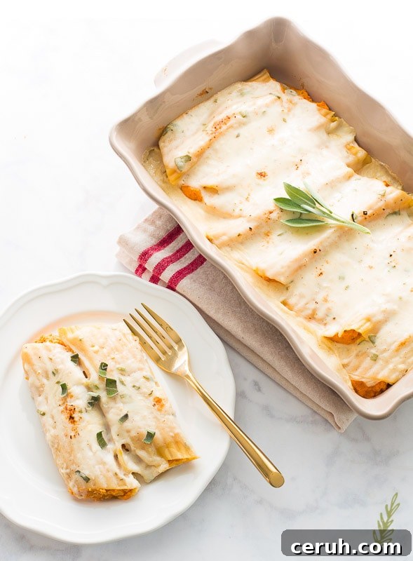 17 Delicious Pumpkin Recipes: Savory Dishes & Sweet Treats 12 pan of Pumpkin-Stuffed-Manicotti-in-Sage-Bechamel-and a plate