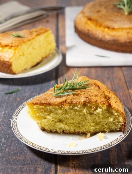 Classic Rosemary Olive Oil Cake Recipe for Moist, Fragrant Dessert 3 cake slices next to the whole cake