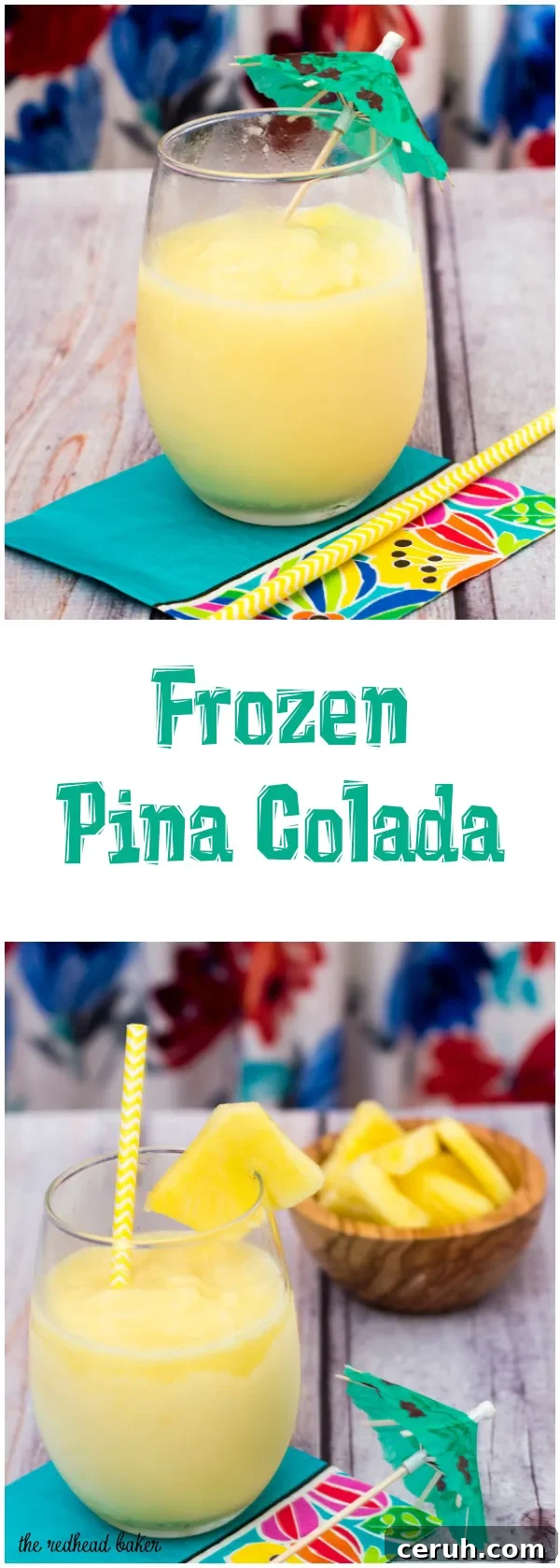 Frozen Piña Colada Recipe: Creamy Tropical Cocktail Guide 5 Have a taste of the tropics with a homemade frozen pina colada: a blend of ice, pineapple slices and juice, coconut cream and rum. #SundaySupper TheRedheadBaker.com