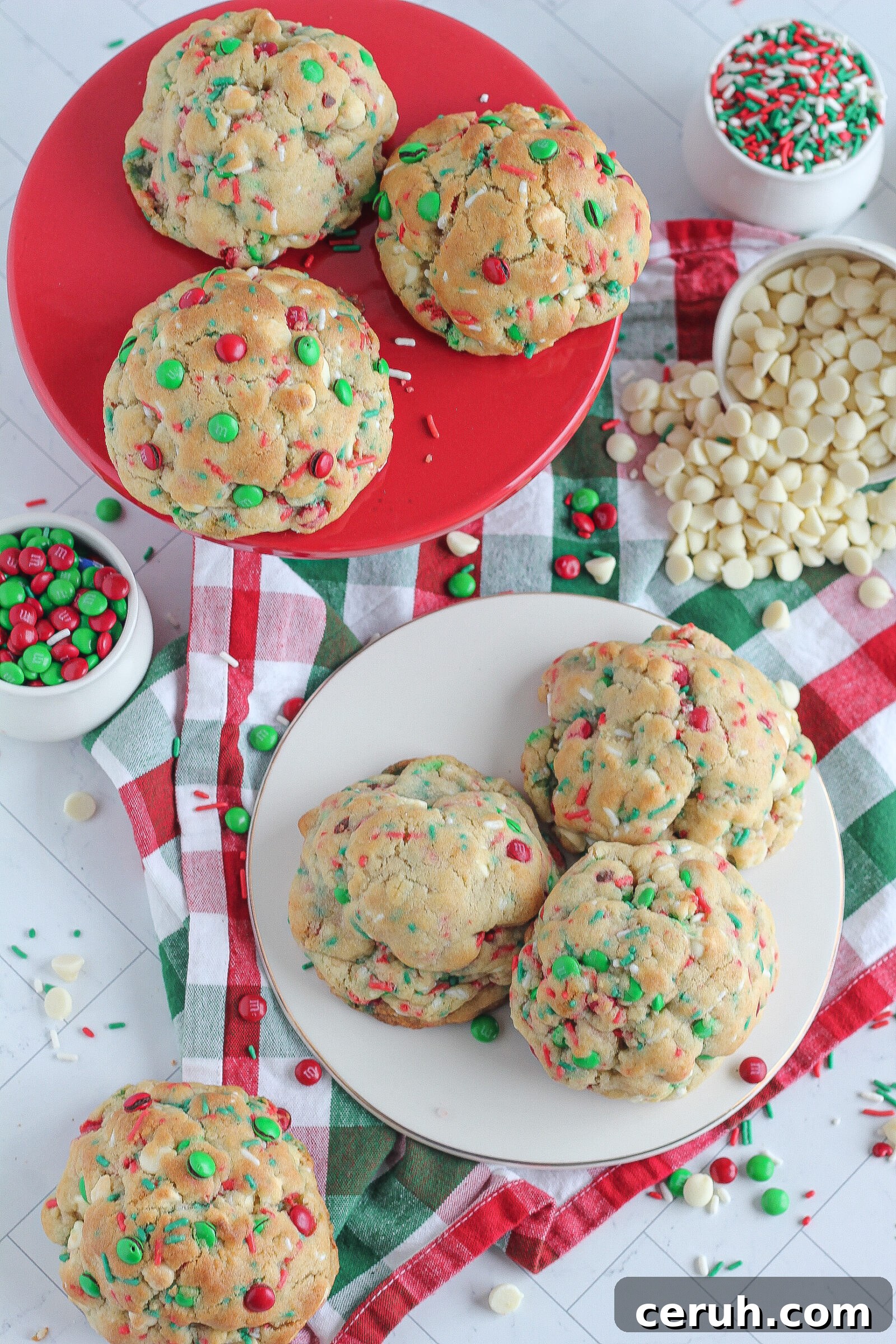 Funfetti M&M Christmas cookies on a plate