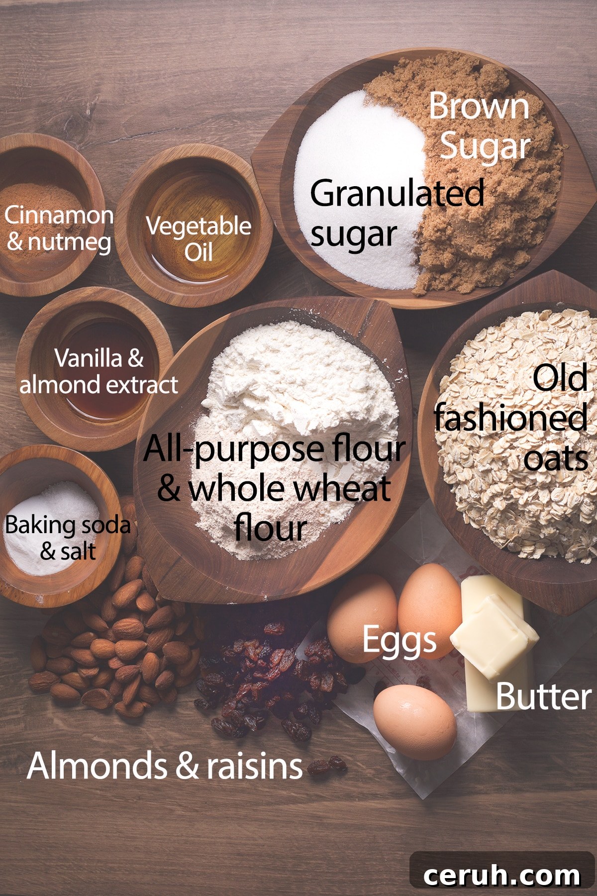 All the ingredients needed to make oatmeal raisin cookies.