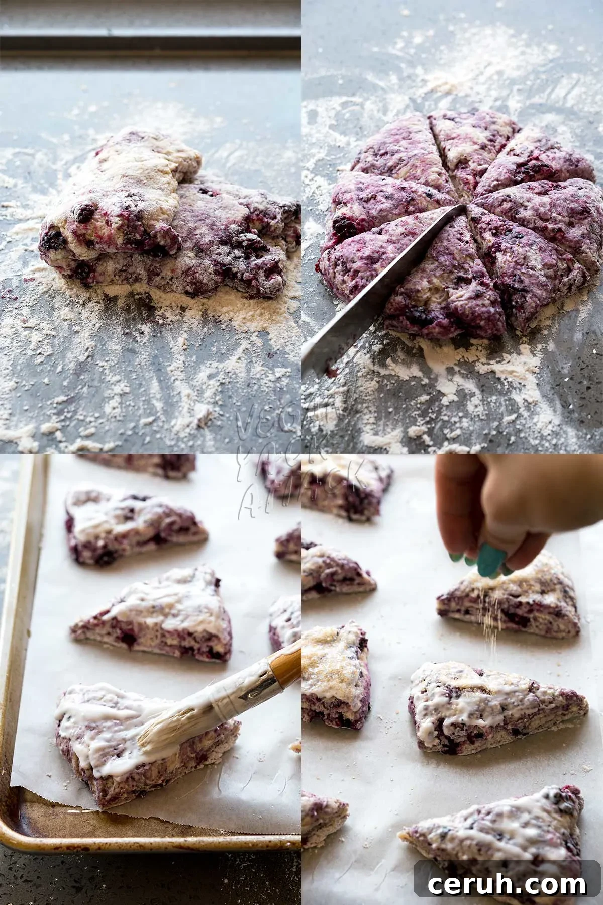 collage of shaping scones and topping them with sugar
