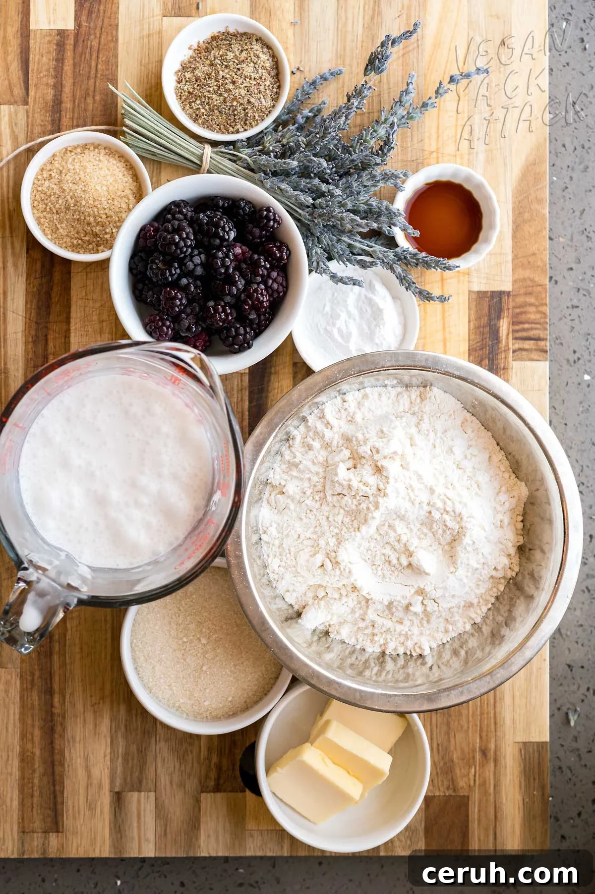baking ingredients in bowls on a cutting board