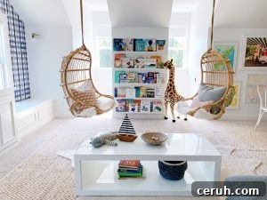 hanging rattan chairs with atelier coffee table in a playroom