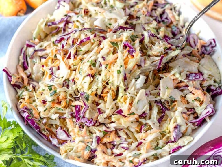 Classic Creamy Coleslaw Recipe for BBQs and Weeknight Meals 14 Coleslaw in a white bowl with a spoon