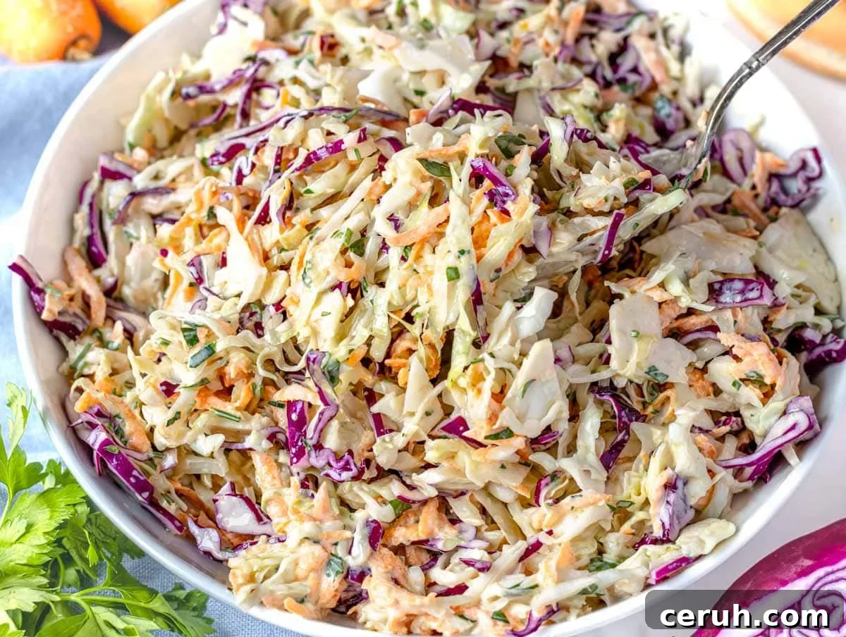 Classic Creamy Coleslaw Recipe for BBQs and Weeknight Meals 9 Coleslaw in a white bowl with a spoon