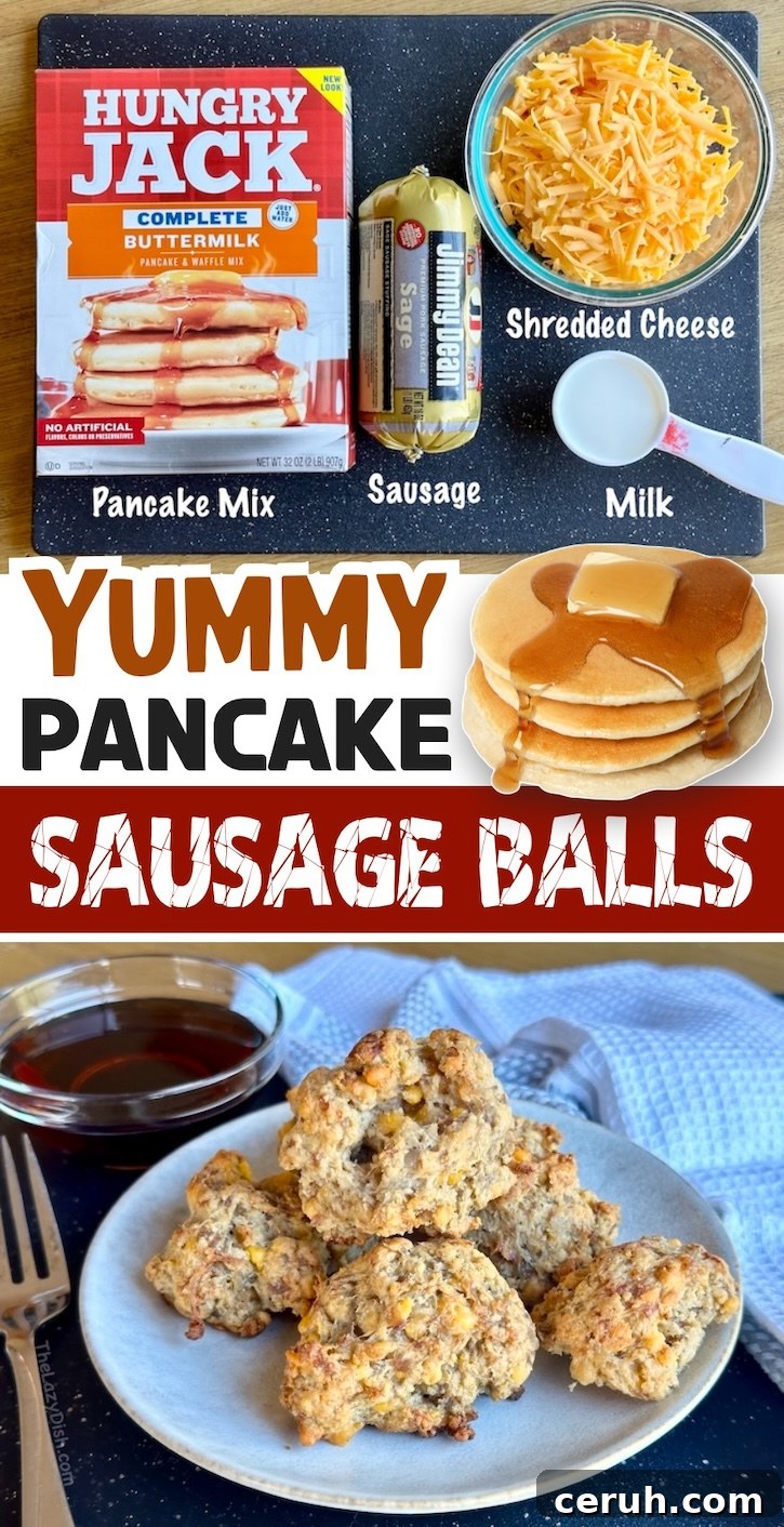 Pancake Sausage Balls are a fun and easy breakfast recipe made with just 4 ingredients including any pancake mix, breakfast sausage, cheddar cheese and milk. Dip them in syrup for the best fun breakfast!