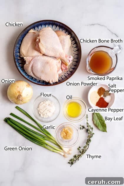 Labeled ingredients for Southern smothered chicken.