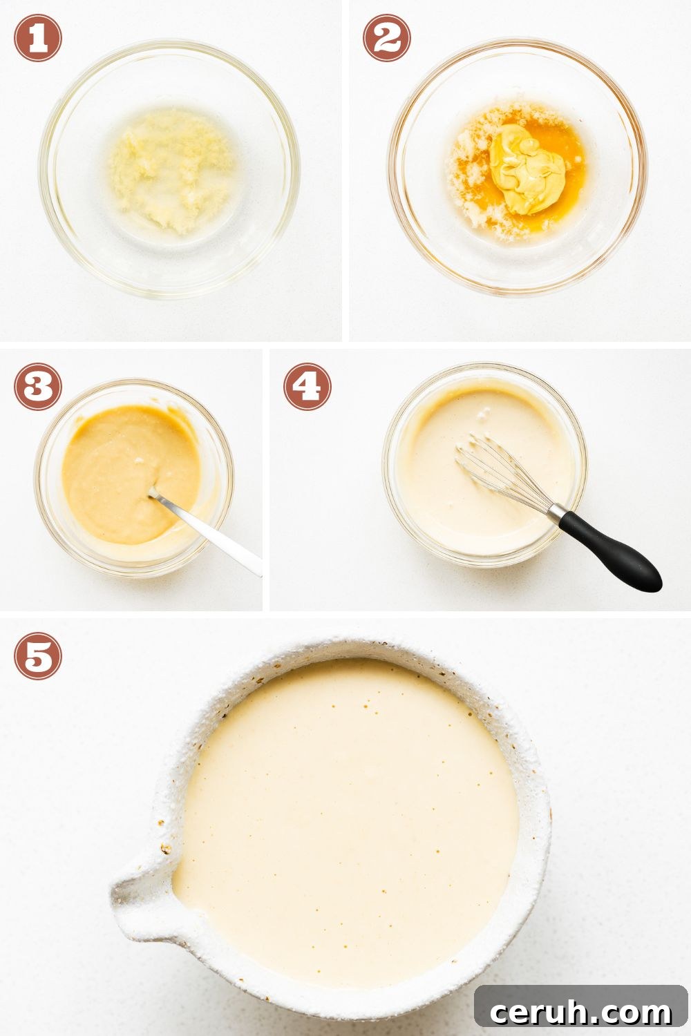 A step-by-step guide for how to make maple tahini dressing. The steps consists of mellowing garlic in vinegar, mixing in maple syrup and dijon mustard, adding tahini, whisking in water, and seasoning to taste.