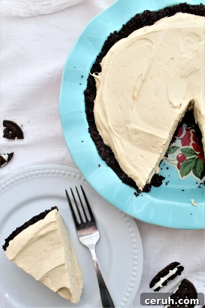 slice of pie on white plate with whole pie in blue pie pan